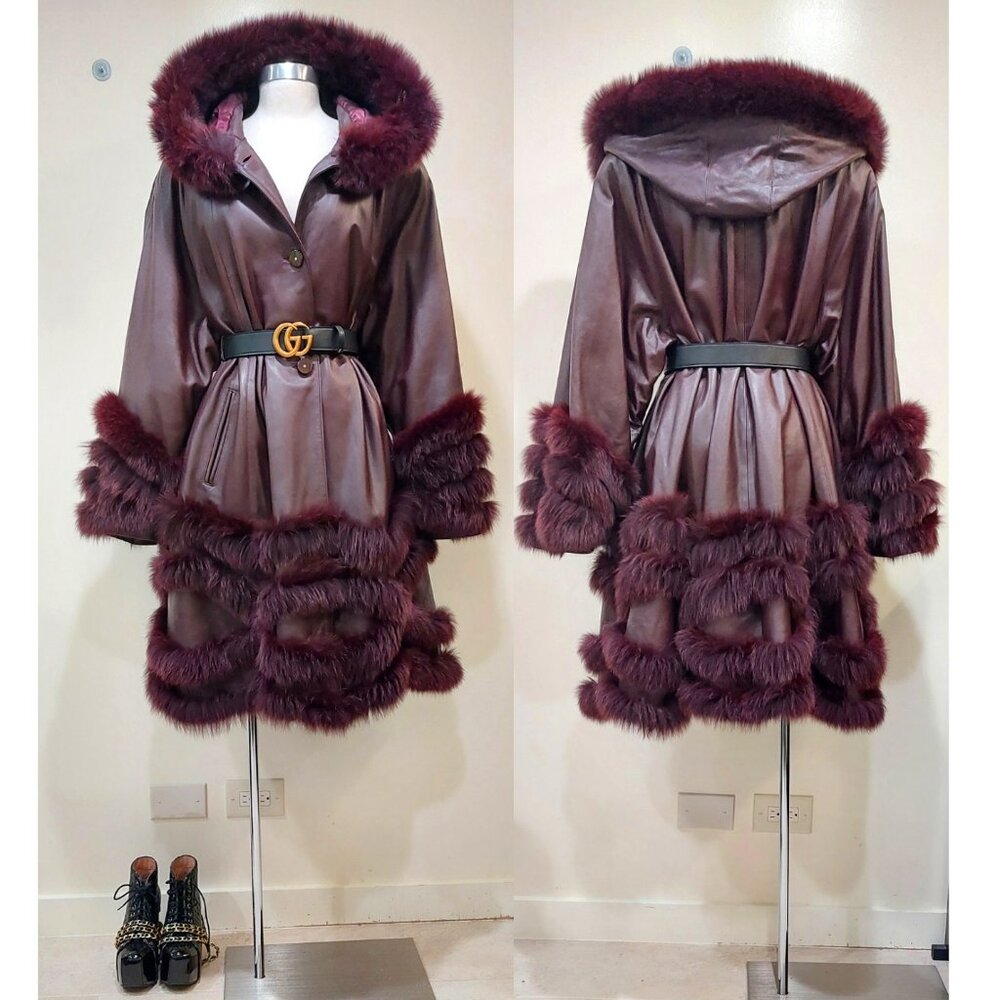 💥ABSOLUTELY STUNNING💥VTG Lamb Leather & Silver Fox Hooded Coat in Plum Brown
